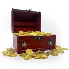 A wooden treasure chest containing valuable objects