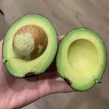 A halved avocado showing its large central stone.