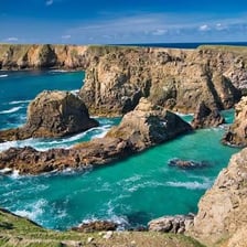 A rugged coastal landscape from the Shetland Islands.