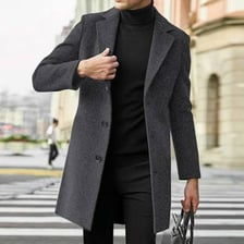 A coat in a dark charcoal-grey colour, showing its lapels.