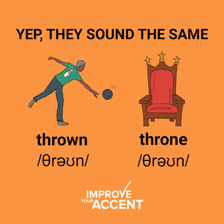A diagram contrasting the spoken words THRONE and THROWN beside an image of a royal throne.
