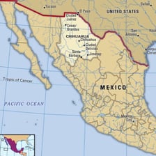A Chihuahua dog shown alongside the Mexican state of Chihuahua.