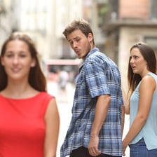 The recognizable stock photograph commonly used as the Distracted Boyfriend internet meme.