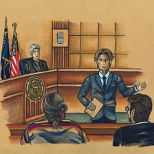 A courtroom scene representing a court case.