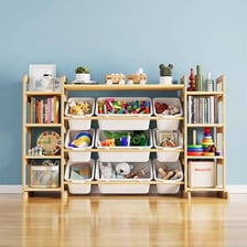 Shelves and containers arranged in a practical storage area.