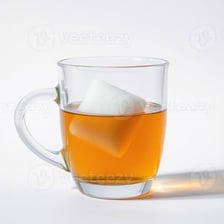 A hot cup of tea beside a bowl of sugar.
