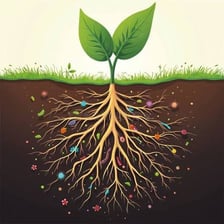 An educational view of roots spreading beneath a plant.