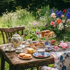 An outdoor garden setting with tables prepared for tea.