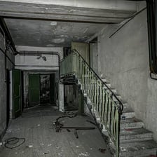 An eerie, abandoned building with a grim atmosphere