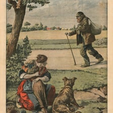 A group of wandering travellers walking along a country road.