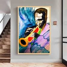 A portrait of jazz musician Miles Davis playing trumpet