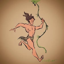 Tarzan swinging through a jungle on a vine
