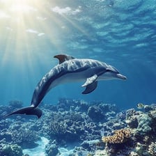 A group of dolphins swimming through clear blue water.