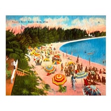 A vintage illustrated postcard showing a seaside resort