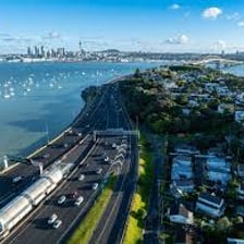 The Auckland harbour and city skyline in New Zealand