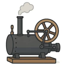 An educational illustration of steam being used as a source of mechanical energy.
