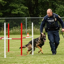 A German Shepherd wearing a police working harness beside its handler.