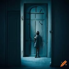 A person standing outside a closed doorway