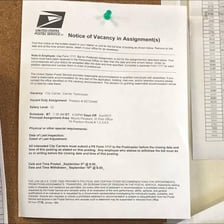 A postal worker delivering a letter beside a notice advertising a job.