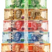 South African rand notes and coins.