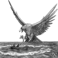 An illustration of a gigantic mythological bird carrying an elephant