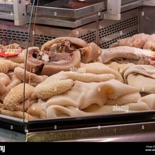 A butcher’s display of assorted animal offal