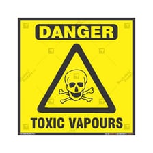 Visible vapour rising near a toxic chemical warning sign.
