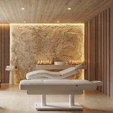 A calm spa treatment room with a massage table and wellness furnishings.