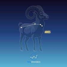 The Aries zodiac symbol shown with a ram and its constellation