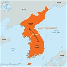 A map showing the Korean Peninsula divided into North Korea and South Korea.
