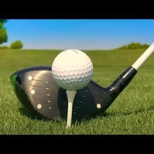 A golfer striking a ball with a driver from a tee.