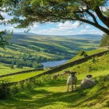 A countryside landscape of green hills and valleys