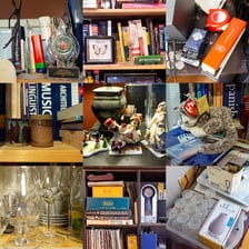 A cluttered display of cheap decorative objects and bric-a-brac