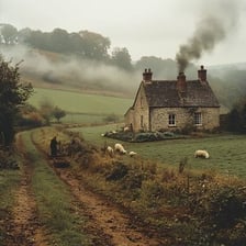 A countryside landscape partly obscured by mist