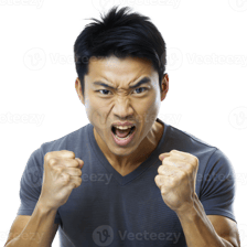 A person showing visible anger with a tense expression and clenched fists