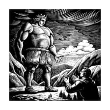 Dramatic illustration of an exceptionally large and powerful person