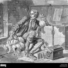 An illustrative depiction of a miser guarding a pile of coins