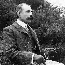 A portrait of English composer Edward Elgar.