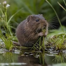A small vole among blades of grass
