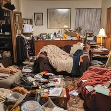 An untidy room with clothes and papers scattered around