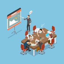 An illustration of people looking bored during a monotonous meeting.
