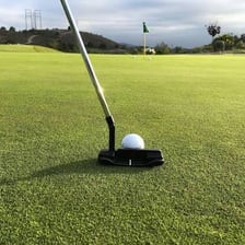 A golfer using a putter on a golf green