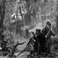 Historical depiction of Australian outlaw Ned Kelly wearing his distinctive armour