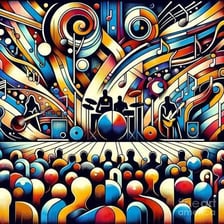 A visual collage representing music, drama and painting