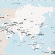 A map showing the continent of Asia.