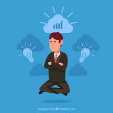 A person considering an unverified idea represented in a thought bubble
