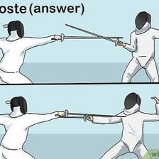 A fencer making a riposte after parrying an attack.