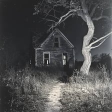 An eerie abandoned house in a gloomy setting