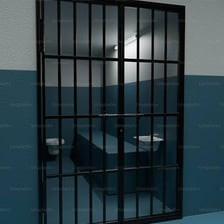 A small prison cell with a bed and barred door