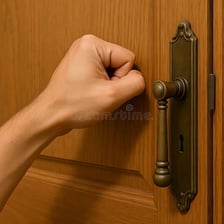 A hand giving a sharp knock on a door